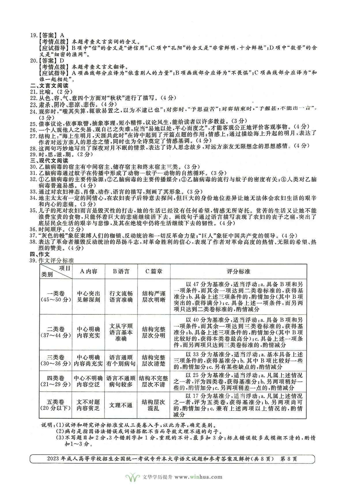 2023年成人高考专升本大学语文试卷真题及参考答案(图8)