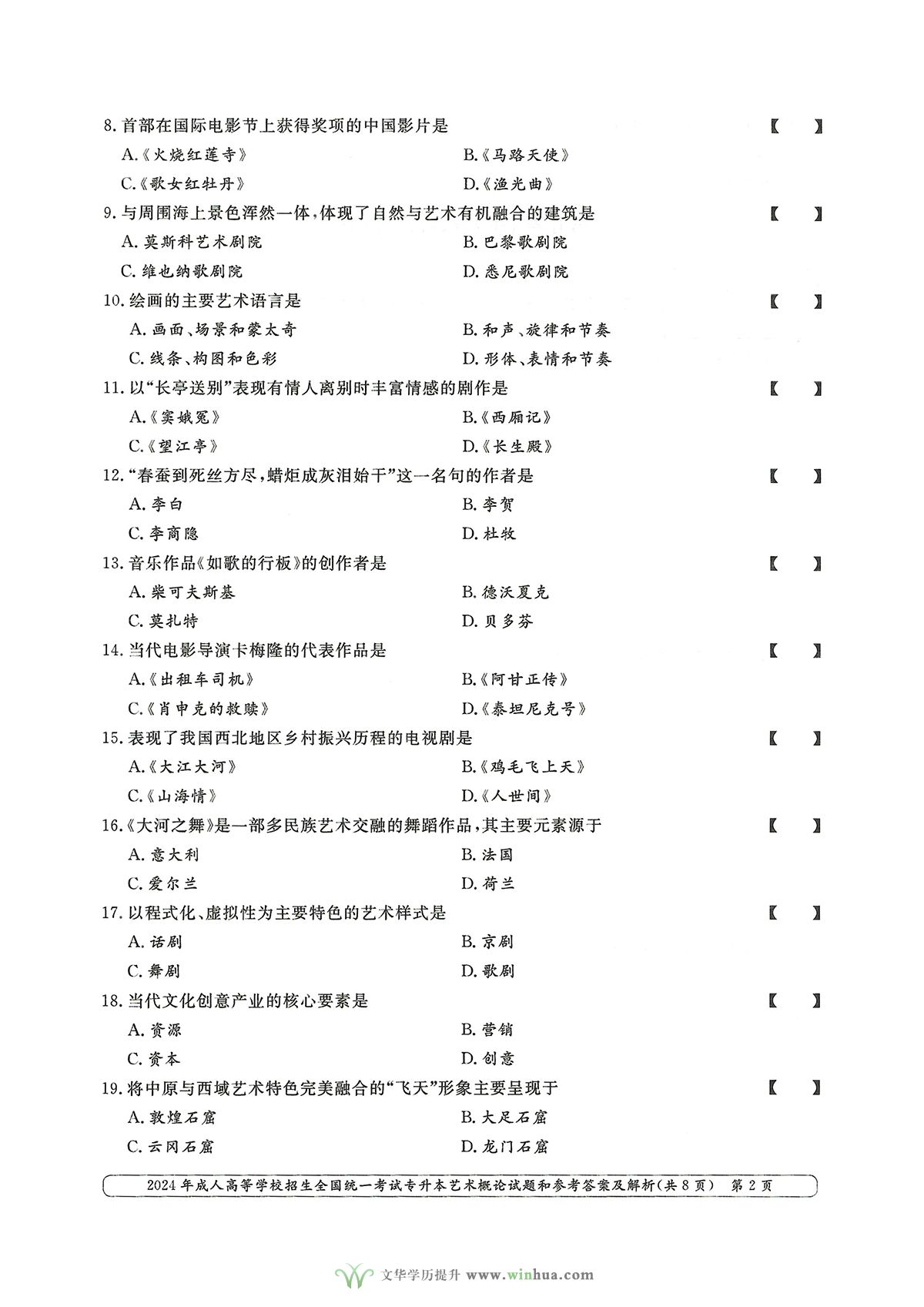2024年成人高考艺术类专升本艺术概论试卷真题及参考答案解析(图2)