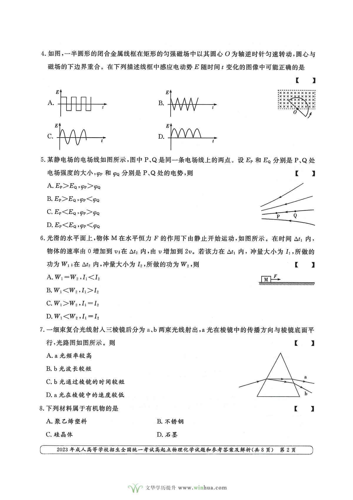 2023年成人高考高升本理科综合物理化学试卷及参考答案(图2)