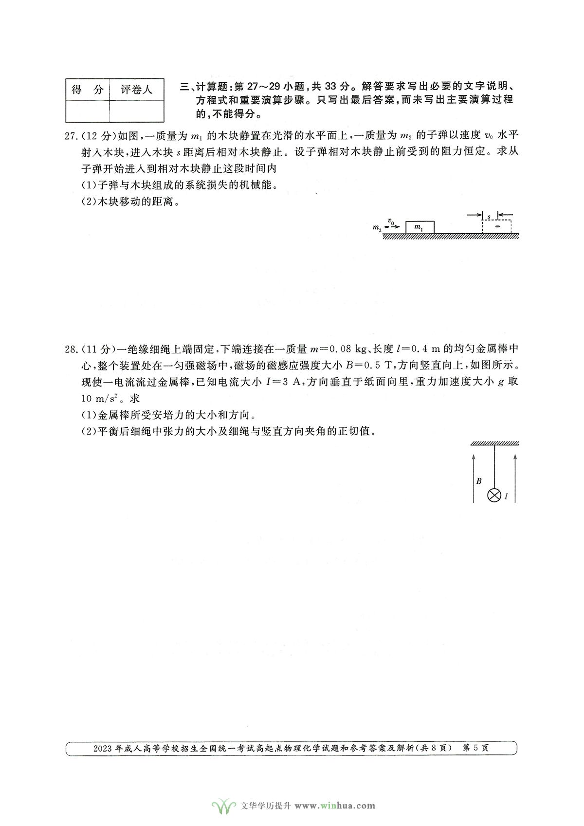 2023年成人高考高升本理科综合物理化学试卷及参考答案(图5)
